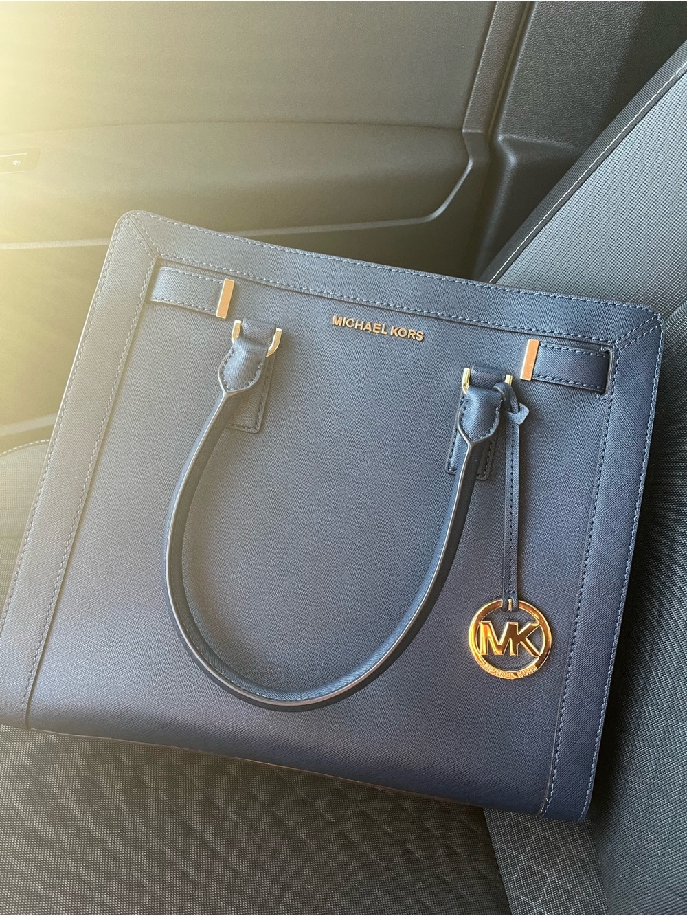 Michael Kors Navy Saffiano Tote with Gold Hardware